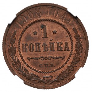 Russia, Nicholas II, 1 kopeck 1908 - NGC MS63 RB