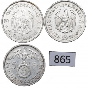 Germany, III Reich, Lot of 5 mark 1934-39