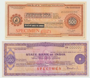 India, Set of two traveler's checks - SPECIMEN