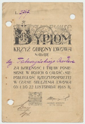 II RP, Legitimation of the Cross of Defense of Lviv - for Lt. Czeslaw Tabaczynski