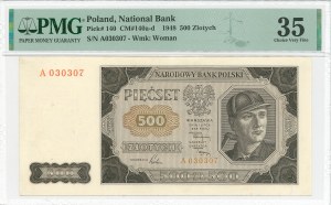 People's Republic of Poland, 500 gold 1948 A - PMG 35