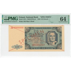 PRL, 20 złotych 1948 AD - SPECIMEN - PMG 64