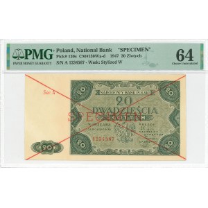PRL, 20 złotych 1947 A 1234567 - SPECIMEN - PMG 64