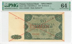 People's Republic of Poland, 20 zloty 1947 A 1234567 - SPECIMEN - PMG 64
