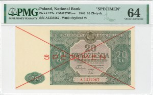 PRL, 20 zloty 1946 A - SPECIMEN - PMG 64