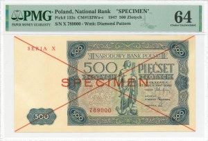 500 zloty 1947 X 789000 - SPECIMEN - PMG 64