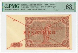 PRL, 100 zloty 1947 A - SPECIMEN - PMG 63