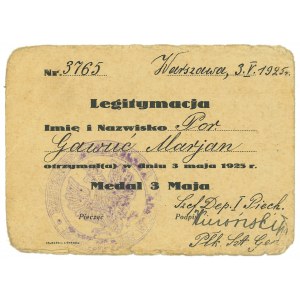 II RP, Legitymacja Medal 3 maja 1925 - dla por. Gawucia