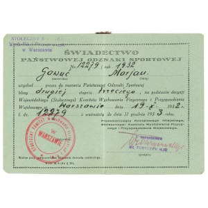 II RP, Świadectwo Państwowej Odznaki Sportowej Klasy II po raz 3 Warszawa 1932