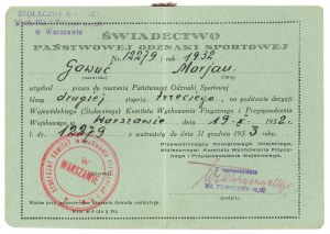 II RP, Certificate of State Sports Badge Class II for the 3rd time Warsaw 1932