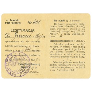 II RP, Legitymacja odznaki 41 Suwalski Pułk Piechoty - por. Gawuć
