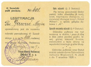 II RP, Legitimation of the badge of the 41st Suwalski Infantry Regiment - Lt. Gawuć
