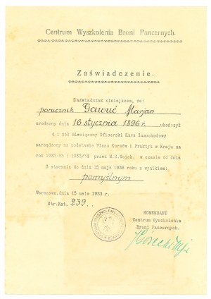 II RP, Certificate of the Armored Weapons Training Center - Lt. Gawuć
