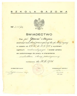 II RP, Certificate of completion of the Gas School course - Lt. Gawuć