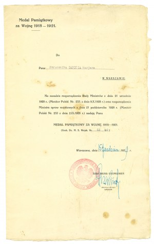 II RP, Information on the awarding of the Medal for War 1918-21 - Lt. Gawuć