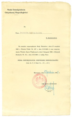 II RP, Information on the awarding of the Decade of Independence Medal - Lt. Gawuć