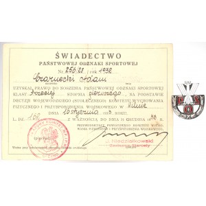 II RP, Świadectwo Państwowej Odznaki Sportowej Klasy III po raz 1 wraz z odznaką