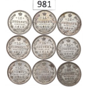 Russia, Nicholas II, Lot 15 kopecks 1909-14