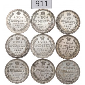 Russia, Nicholas II, Lot 20 kopecks 1907-14