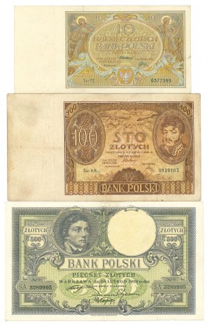 Second Republic, 500 zloty 1919, 10 zloty 1929, 100 zloty 1932 - set of 3 copies.
