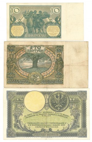 Second Republic, 500 zloty 1919, 10 zloty 1929, 100 zloty 1932 - set of 3 copies.