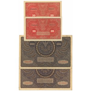 II RP, 20 - 1000 marek polskich 1919 - Zestaw 4 egz.