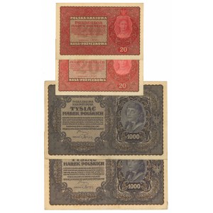 II RP, 20 - 1000 marek polskich 1919 - Zestaw 4 egz.