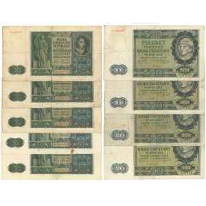 500 zlotys 1940 and 50 zlotys 1941 - set of 9 pcs.