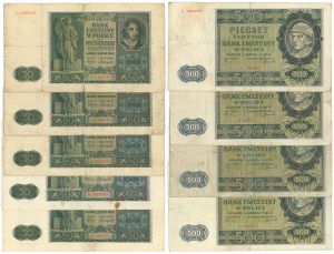 500 zlotys 1940 and 50 zlotys 1941 - set of 9 pcs.