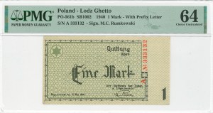 Lodz Ghetto, 1 mark 1940 Ser. A 6 digits - PMG 64