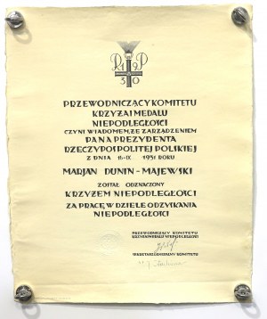 Second Republic, Diploma of the Cross of Independence - for Capt. Dunin-Majewski