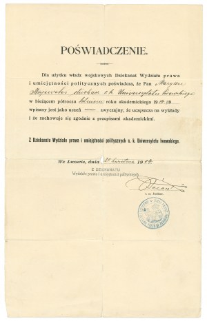 Poland, Certificate University-Lviv 1914 - for Capt Dunin-Majewski