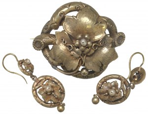 Russia, Brooch and earrings set - gold and pearls