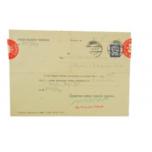 Urząd Długów Państwa korespondencja z 3.XI.1937r., zalepka Ministerstwa Skarbu, [1]