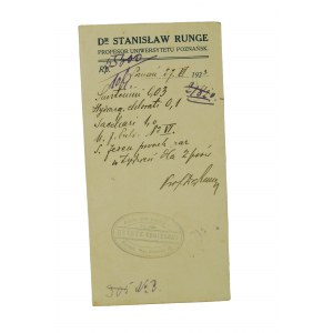 Dr Stanisław RUNGE profesor Uniwersytetu Poznańskiego RECEPTA DLA PSÓW datowana 27.VI.1923r., stempel Apteki pod Eskulapem H. Cegielski w Poznaniu, [2]