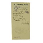 Dr Stanisław RUNGE profesor Uniwersytetu Poznańskiego RECEPTA DLA PSÓW datowana 27.VI.1923r., stempel Apteki pod Eskulapem H. Cegielski w Poznaniu, [2]