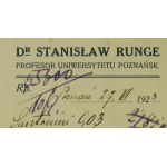 Dr Stanisław RUNGE profesor Uniwersytetu Poznańskiego RECEPTA DLA PSÓW datowana 27.VI.1923r., stempel Apteki pod Eskulapem H. Cegielski w Poznaniu, [2]
