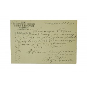 Biuro Melioracyjne i miernicze GÓLNIK & KUROWSKI w Chełmży, KARTKA POCZTOWA z nagłówkiem firmowym, datowana 10.8.1913r., [2]