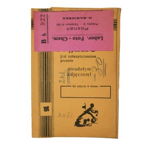 Laboratorium Foto-Chemiczne H. Waniorek Poznań Fredry 2, oryginalne, papierowe etui na zdjęcia/negatywy z reklamą płyt ERO i vademecum czasu naświetlania