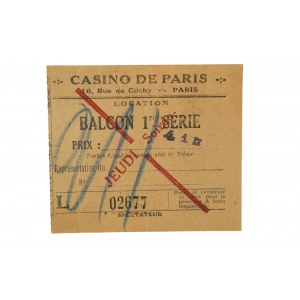 Oryginalny bilet Casino de Paris , balkon, 1 rząd, lata 30-te XXw.