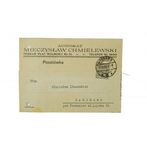 Adwokat Mieczysław Chmielewski Poznań Plac Wolności 10 POCZTÓWKA z korespondencją w w sprawie z PKP, datowana 25 lutego 1933r., [AW IV]