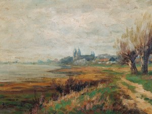 Adolf RHEINERT, PEJZAŻ Z KOŚCIOŁEM NAD RZEKĄ