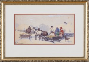 Adam Setkowicz (1875 Kraków - 1945 tamże), Zimowy zaprzęg przed chałupą