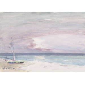 Marian Mokwa (1889 Malary - 1987 Sopot), Pejzaż nadmorski z łódką