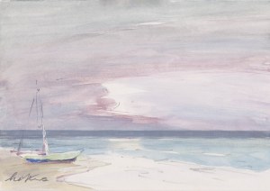 Marian Mokwa (1889 Malary - 1987 Sopot), Pejzaż nadmorski z łódką