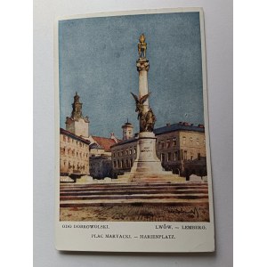 POCZTÓWKA LWÓW LEMBERG, PLAC MARYACKI, ODO DOBROWOLSKI, PRZEDWOJENNA 1921 R, ZNACZEK, STEMPEL