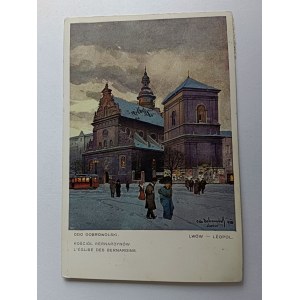 POSTCARD POLISH PAINTING ODO VOLUNTARY LVOV BERNARDINE CHURCH PRE-WAR, STAMP STAMP STAMP