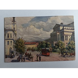 CARTOLINA POLACCA, VARSAVIA, PIAZZA TEATRO MUNICIPIO E GRAN TEATRO, ANTEGUERRA, TRAMVIA