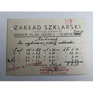 DÉPLIANT PUBLICITAIRE, ZAKŁAD SZKLARSKI TADEUSZ HERETYK, KRAKÓW UL ŚW KRZYŻA 1941 R