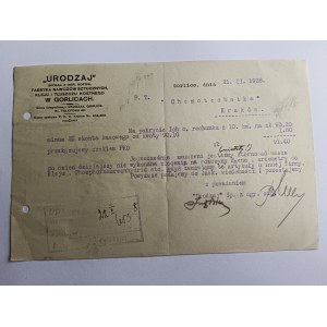 GORLICE, FABRYKA NAWZOÓW SZTUCZNYCH URODZAJ, PISMO, RACHUNEK, 1928 R
